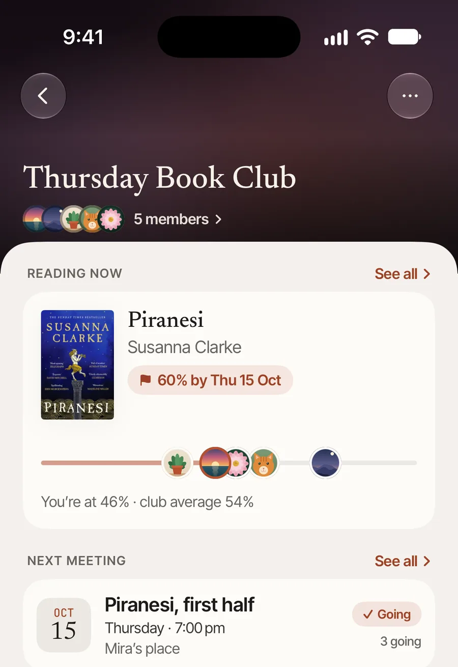 A book club’s page: the book being read, how far each member is, and the next meeting.