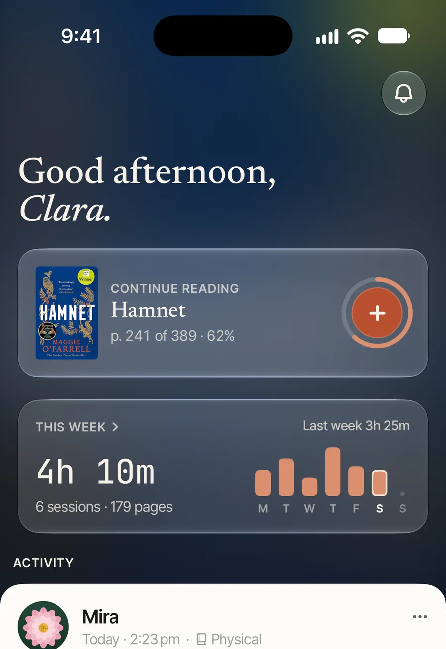 The home screen: the book being read, this week’s reading time, and a friend’s latest session.