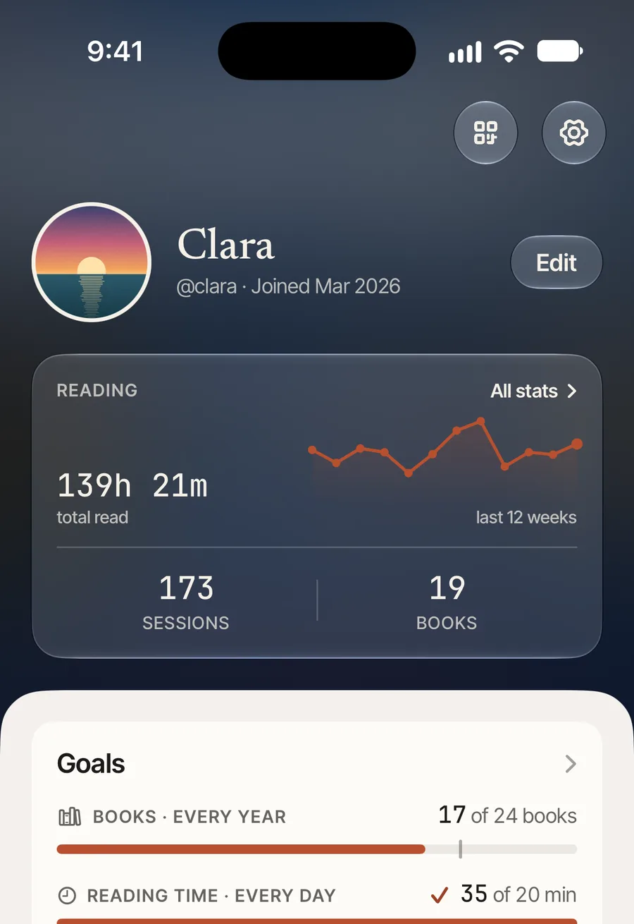 A profile: total reading time, a chart of the last twelve weeks, and progress on three goals.